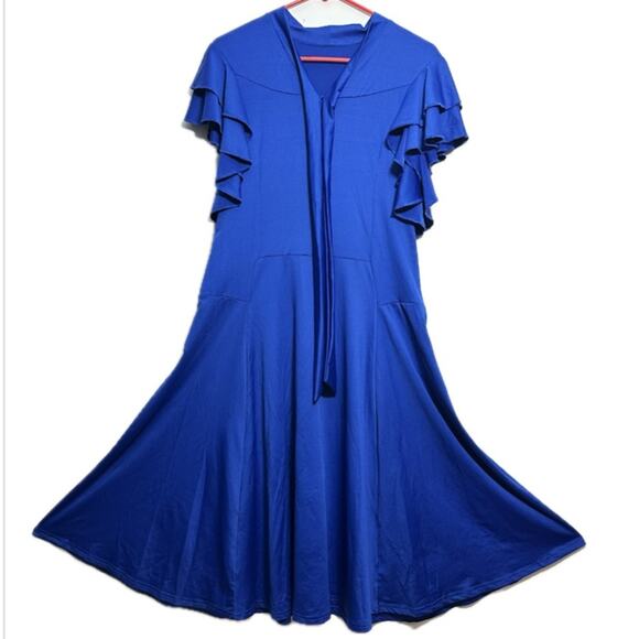 Dance Innovations Royal Blue Performance Dress, Flowy Ruffle Sleeve, NWT size AM - Picture 3 of 15